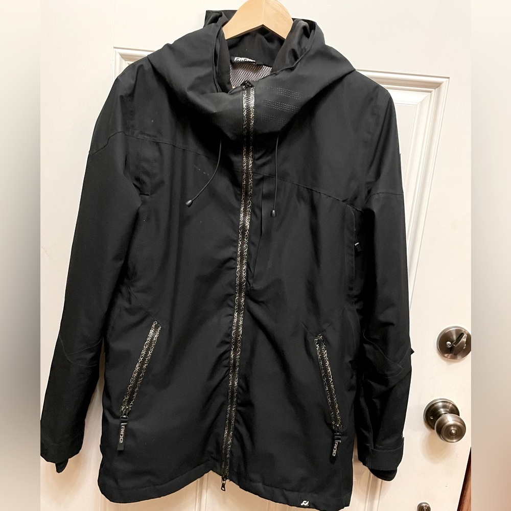 Rider Medium hooded black lined jacket with thumb holes and Velcro at wrist